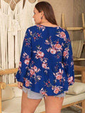 Plus Size Printed Tie Neck Balloon Sleeve Blouse - Trendsi - Flyclothing LLC