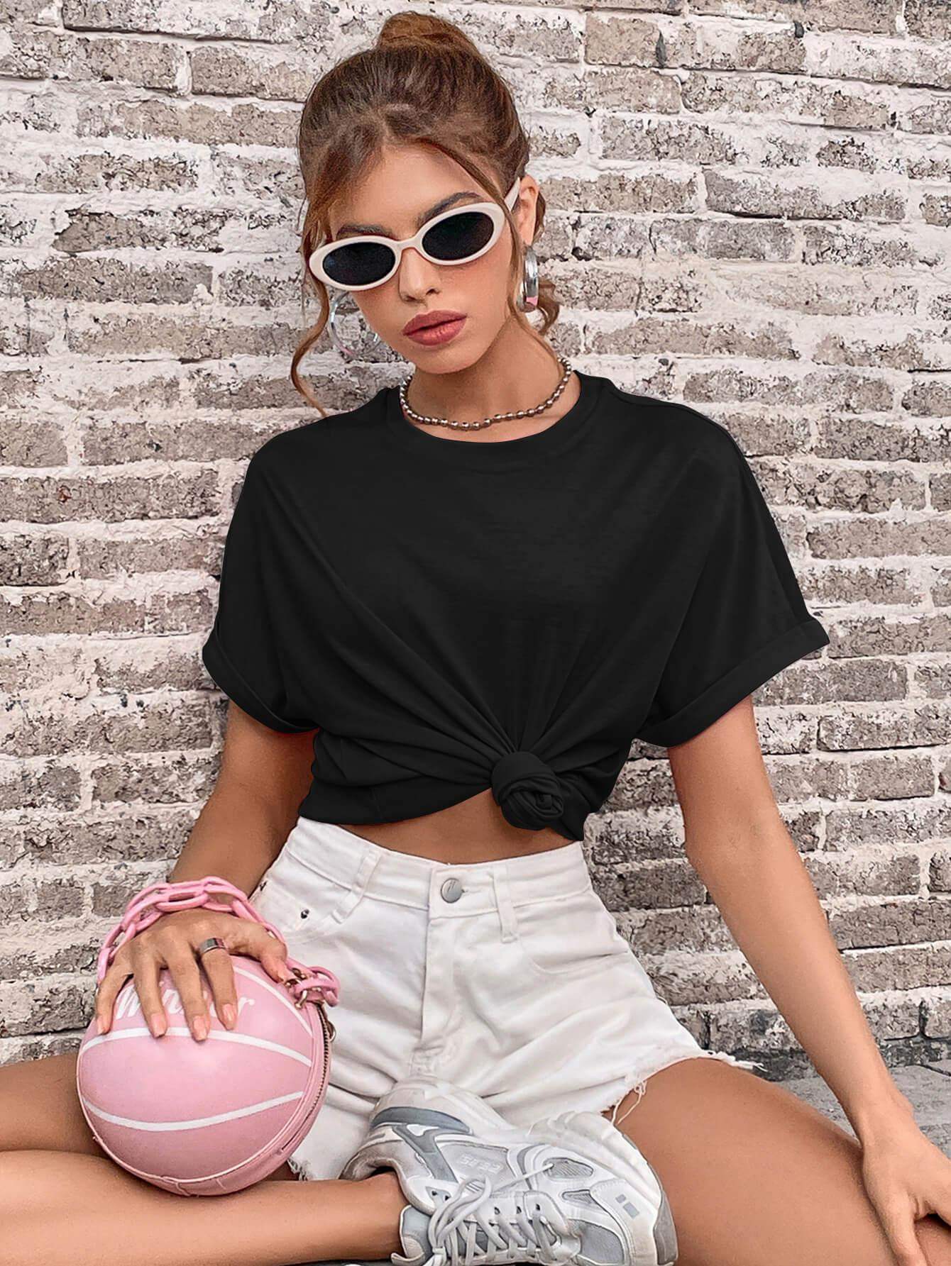 Round Neck Cuffed Sleeve T-Shirt - Trendsi - Flyclothing LLC