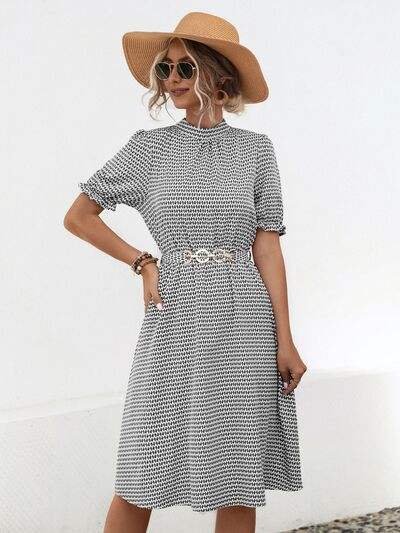 Printed Mock Neck Flounce Sleeve Dress - Trendsi - Flyclothing LLC