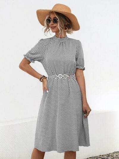 Printed Mock Neck Flounce Sleeve Dress - Trendsi - Flyclothing LLC