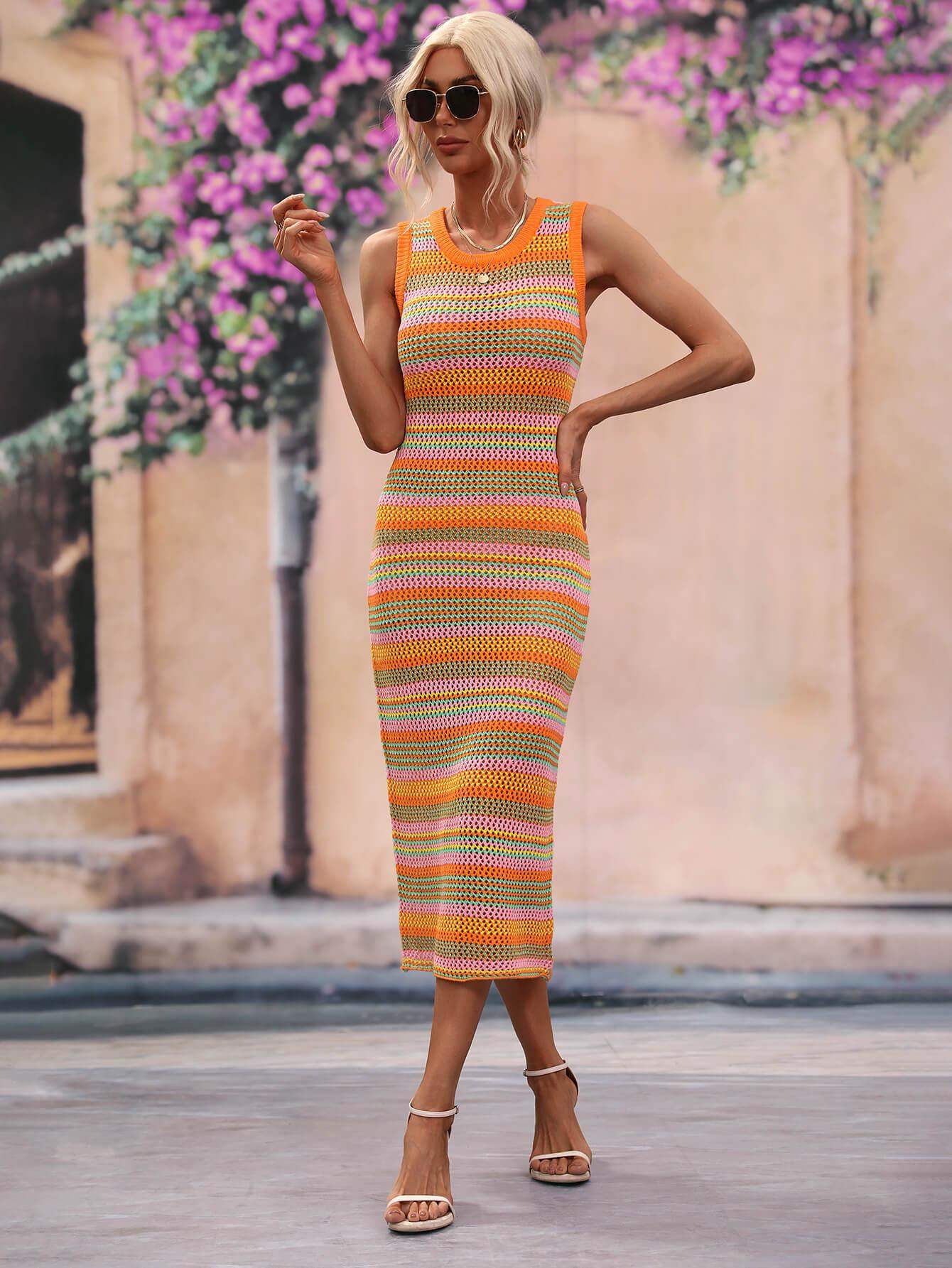 Striped Round Neck Sleeveless Midi Cover Up Dress - Trendsi - Flyclothing LLC