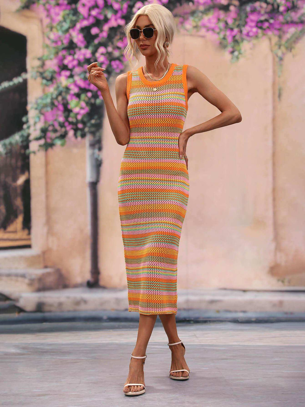 Striped Round Neck Sleeveless Midi Cover Up Dress - Trendsi - Flyclothing LLC