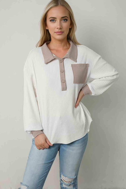 Contrast Collared Neck Top - Trendsi - Flyclothing LLC