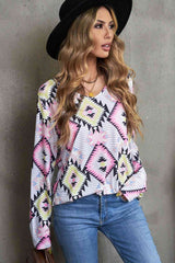 Geometric V-Neck Long Sleeve T-Shirt - Trendsi - Flyclothing LLC