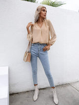 Swiss Dot Frill Trim Puff Sleeve Blouse - Trendsi - Flyclothing LLC