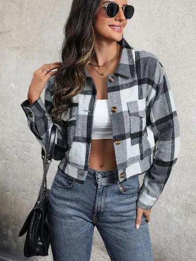 Plaid Button Up Drop Shoulder Cropped Jacket - Trendsi - Flyclothing LLC