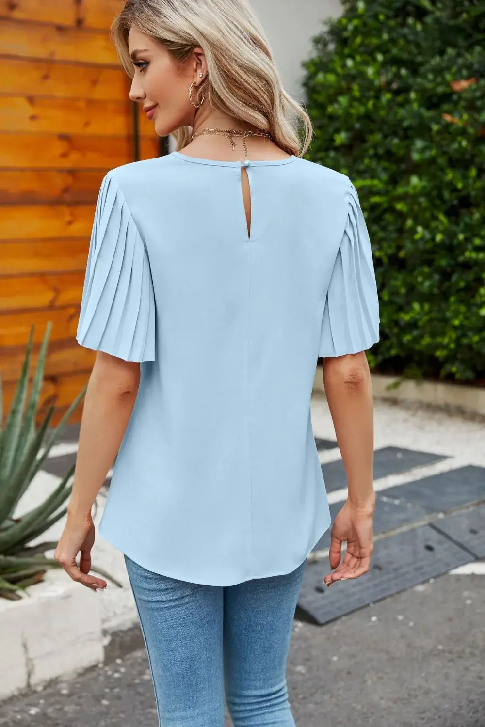 Pleated Flutter Sleeve Round Neck Blouse - Trendsi - Flyclothing LLC
