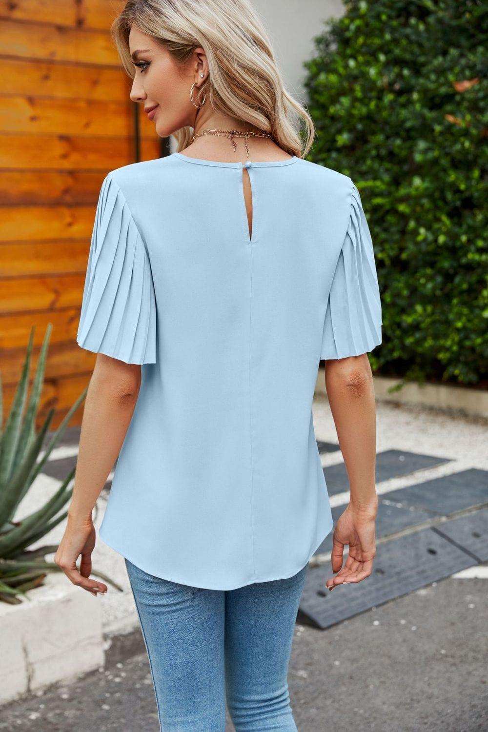 Pleated Flutter Sleeve Round Neck Blouse - Trendsi - Flyclothing LLC