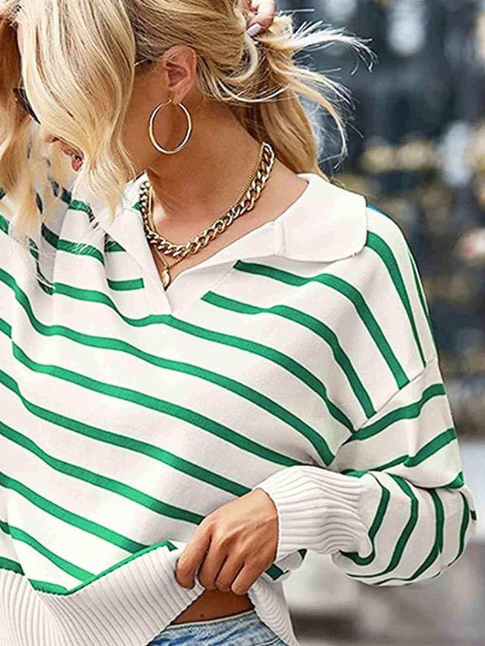 Striped Collared Neck Knit Top - Trendsi - Flyclothing LLC