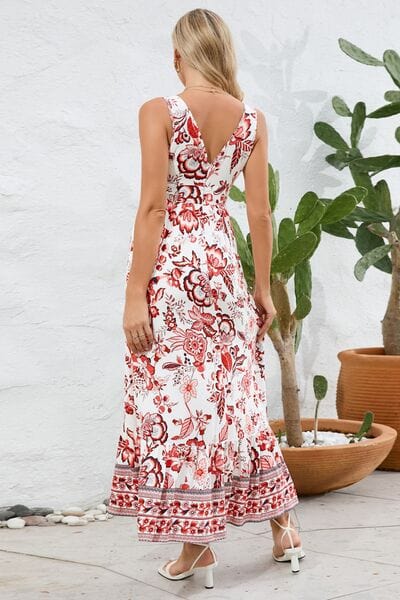 Printed V-Neck Wide Strap Dress - Trendsi