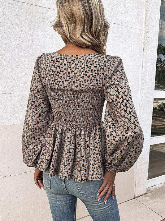 Printed Square Neck Long Sleeve Blouse - Trendsi - Flyclothing LLC