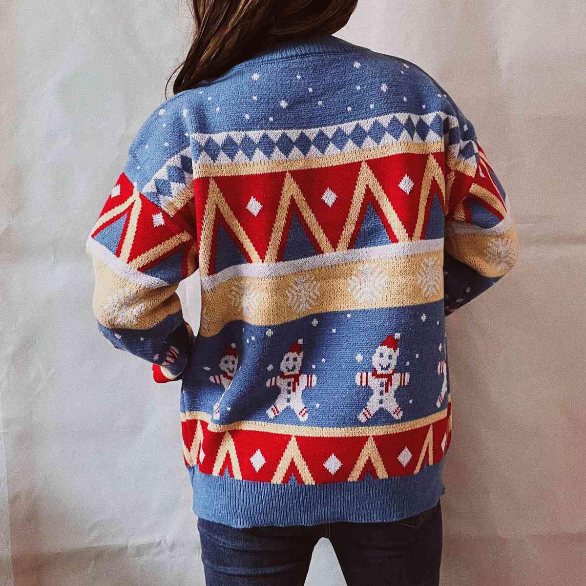 Printed Round Neck Long Sleeve Sweater - Trendsi
