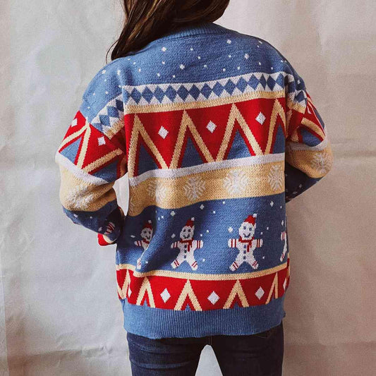 Printed Round Neck Long Sleeve Sweater - Trendsi
