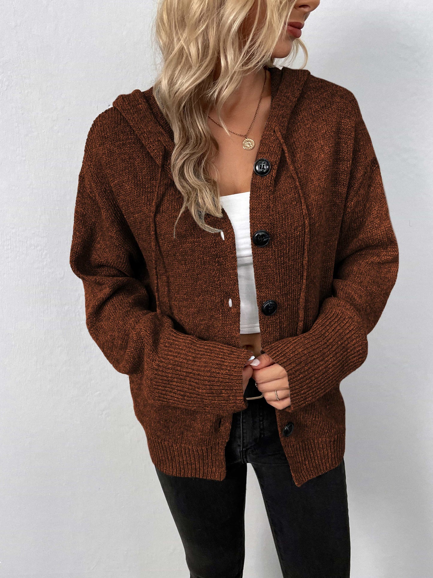Button-Down Long Sleeve Hooded Sweater - Trendsi - Flyclothing LLC