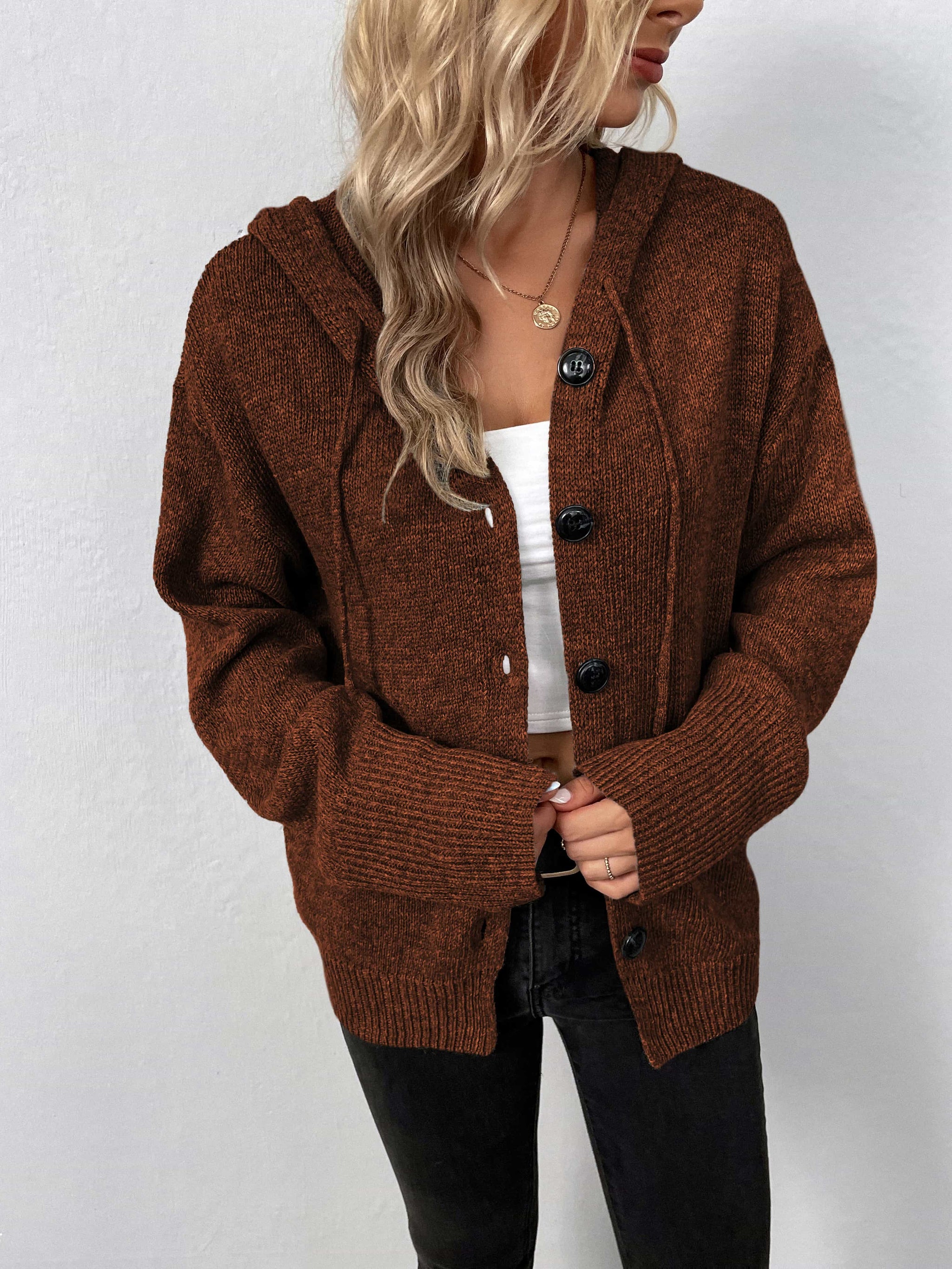 Button-Down Long Sleeve Hooded Sweater - Trendsi - Flyclothing LLC