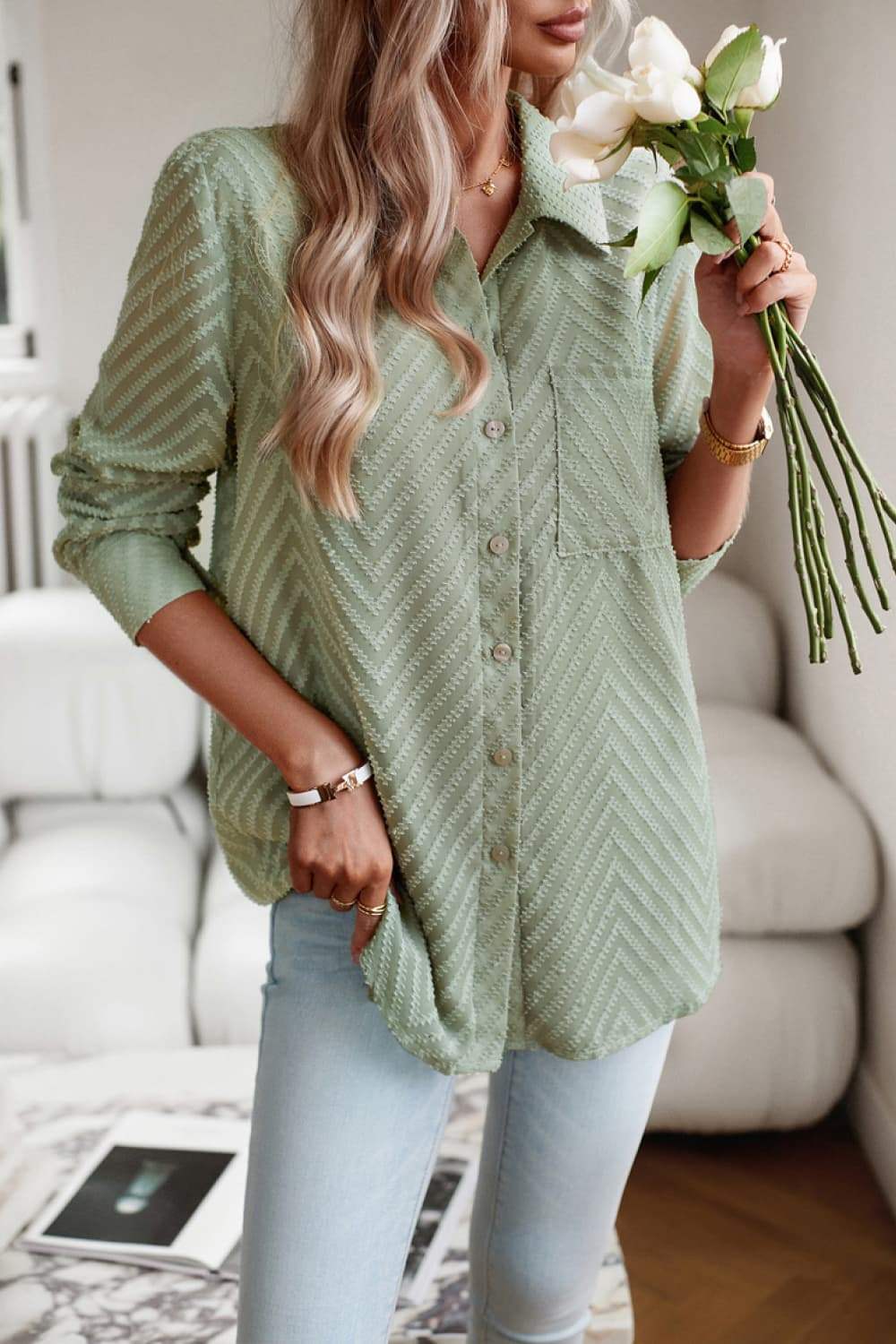 Collared Neck Long Sleeve Pocketed Shirt - Trendsi - Flyclothing LLC