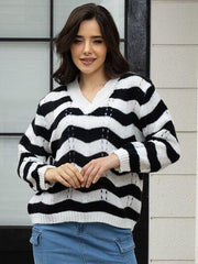 Openwork Striped V-Neck Sweater - Trendsi