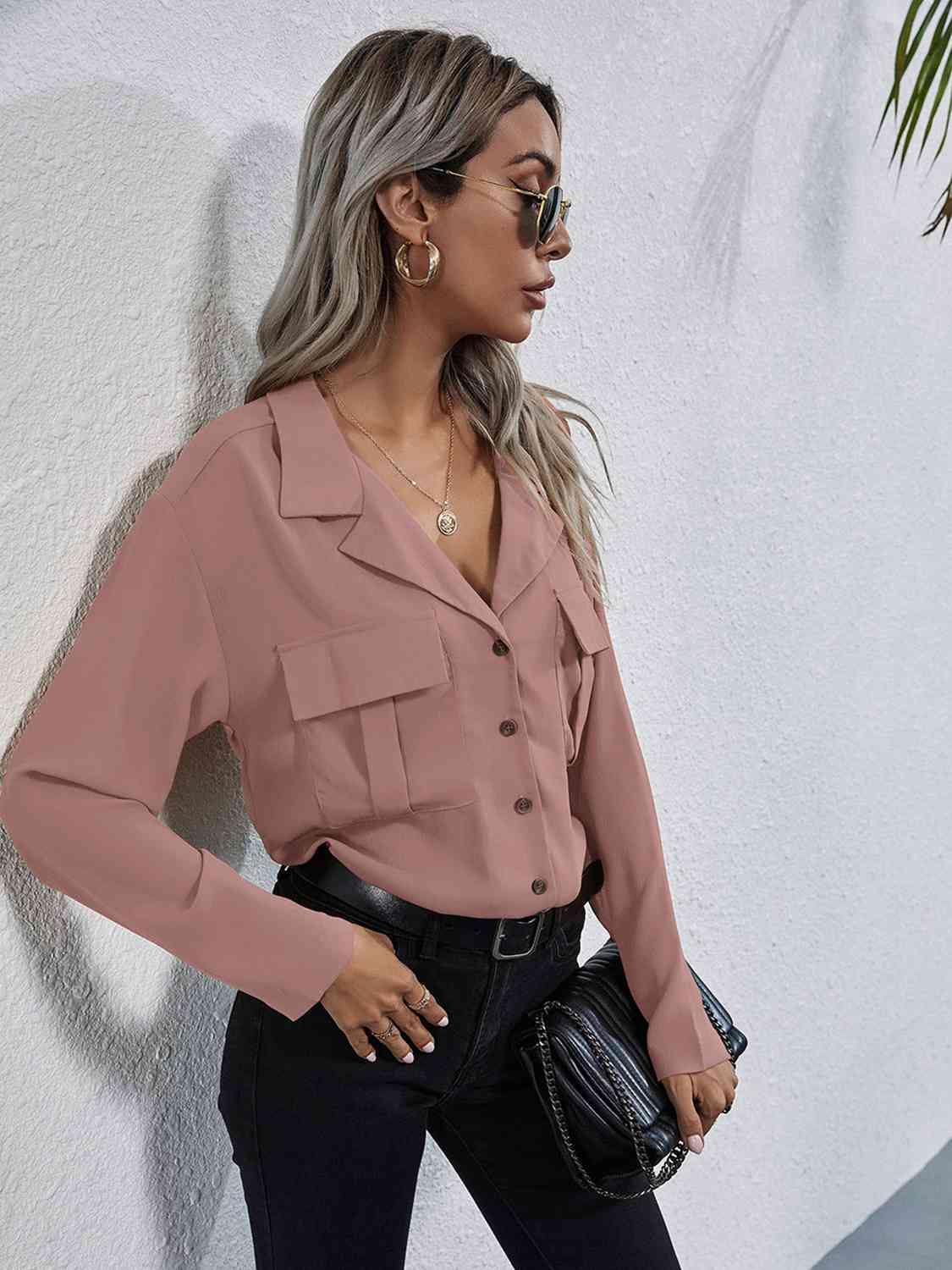 Collared Neck Button Down Shirt - Trendsi