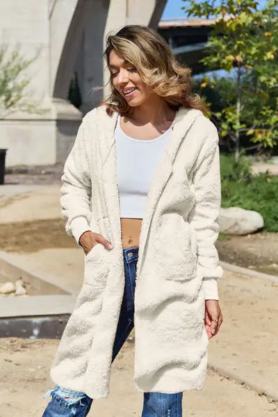 Double Take Full Size Open Front Long Sleeve Hooded Coat - Trendsi - Flyclothing LLC