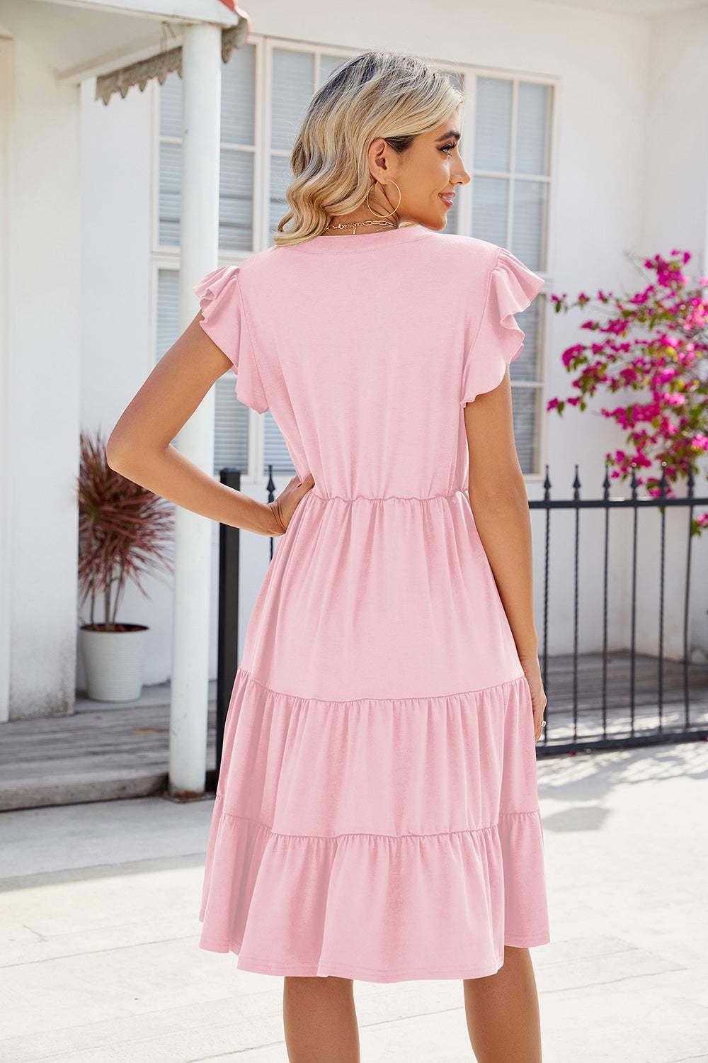 Ruched Notched Cap Sleeve Dress - Trendsi - Flyclothing LLC