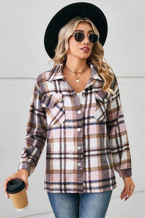Collared Plaid Shacket - Trendsi