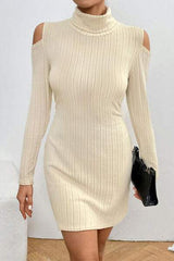 Ribbed Turtleneck Cold Shoulder Long Sleeve Mini Dress - Trendsi - Flyclothing LLC