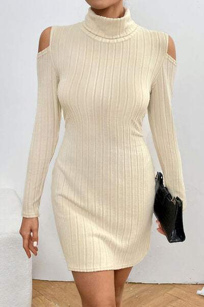 Ribbed Turtleneck Cold Shoulder Long Sleeve Mini Dress - Trendsi - Flyclothing LLC
