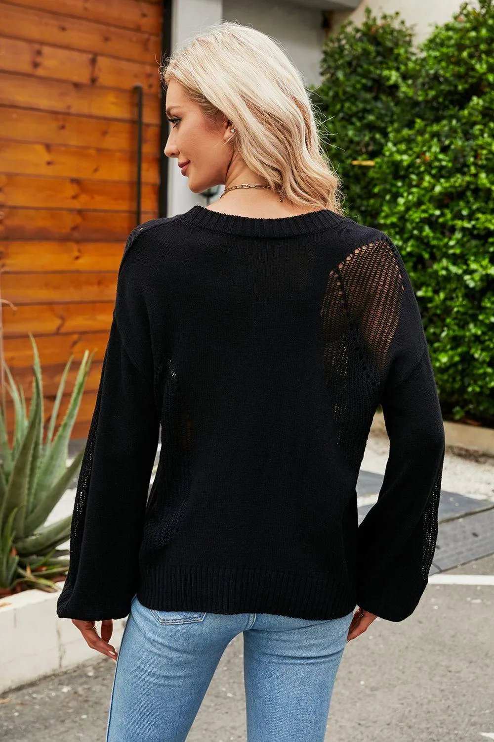 Openwork Round Neck Dropped Shoulder Knit Top - Trendsi - Flyclothing LLC