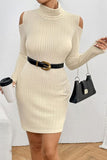Ribbed Turtleneck Cold Shoulder Long Sleeve Mini Dress - Trendsi