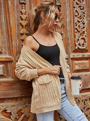Ribbed Open Front Long Sleeve Cardigan with Pockets - Trendsi