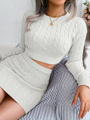 Cable-Knit Round Neck Top and Skirt Sweater Set - Trendsi