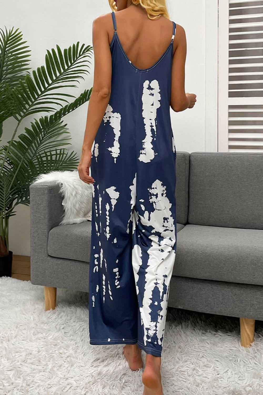 Tie-Dye Spaghetti Strap Jumpsuit with Pockets - Flyclothing LLC