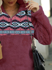 Geometric Quarter-Zip Collared Sweatshirt - Trendsi