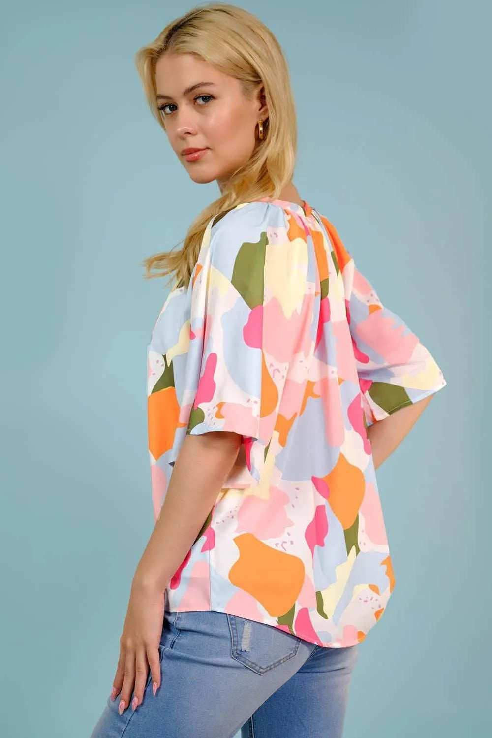 Printed Notched Neck Half Sleeve Blouse - Trendsi - Flyclothing LLC