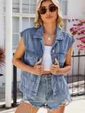 Pocketed Button Up Sleeveless Denim Jacket - Trendsi