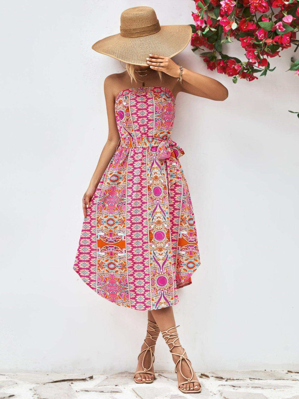 Printed Strapless Tie Belt Dress - Trendsi - Flyclothing LLC