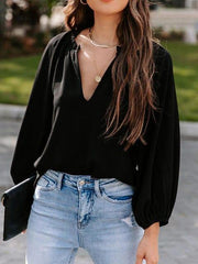 Notched Neck Long Sleeve Blouse - Trendsi