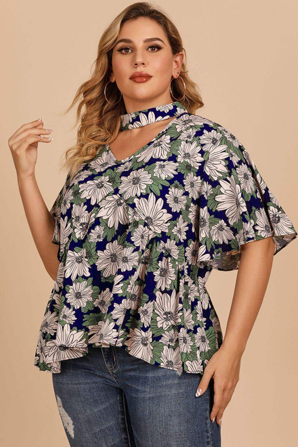 Plus Size Floral Flutter Sleeve Cutout Blouse - Trendsi - Flyclothing LLC