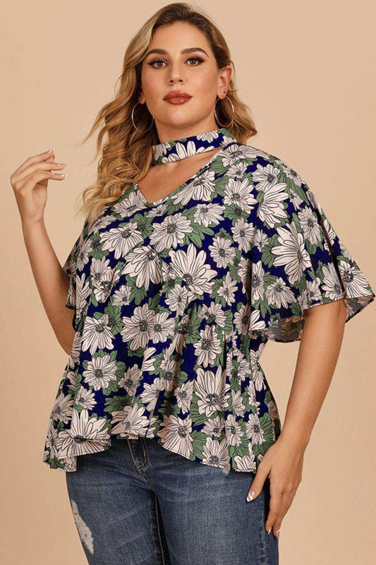 Plus Size Floral Flutter Sleeve Cutout Blouse - Trendsi - Flyclothing LLC