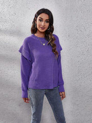 Ruffled Round Neck Dropped Shoulder Sweater - Trendsi