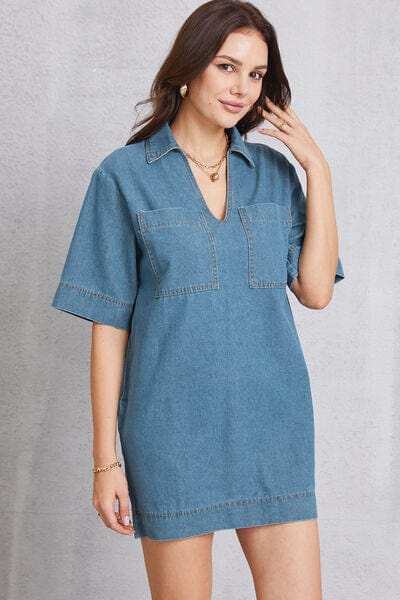 Pocketed Collared Neck Mini Denim Dress - Trendsi - Flyclothing LLC