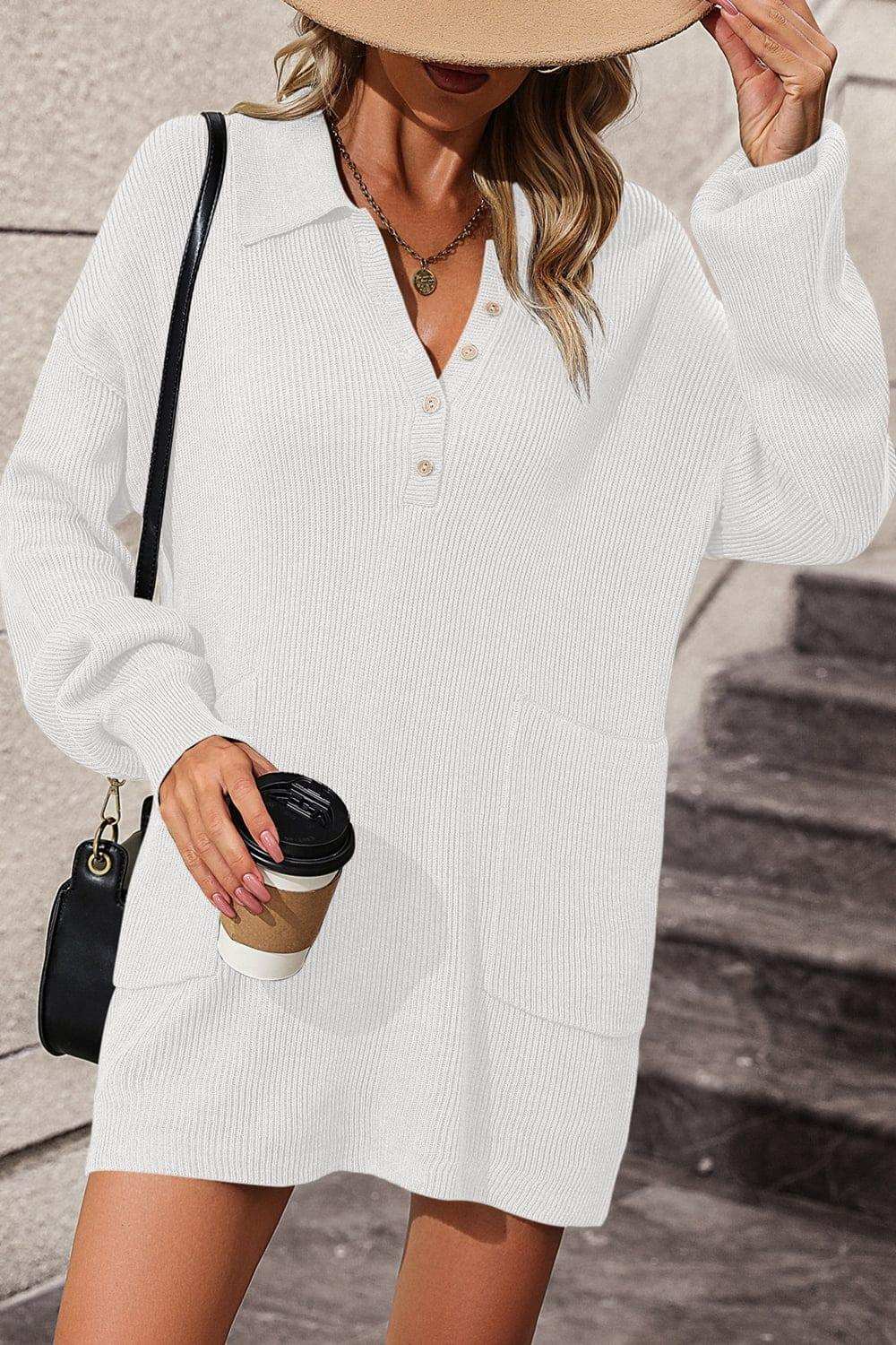 Johnny Collar Drop Shoulder Sweater Dress - Trendsi - Flyclothing LLC