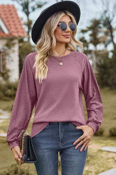 Eyelet Round Neck Long Sleeve T-Shirt - Trendsi - Flyclothing LLC
