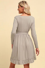 Long Sleeve Tie Waist Ruffle Hem Dress - Trendsi - Flyclothing LLC
