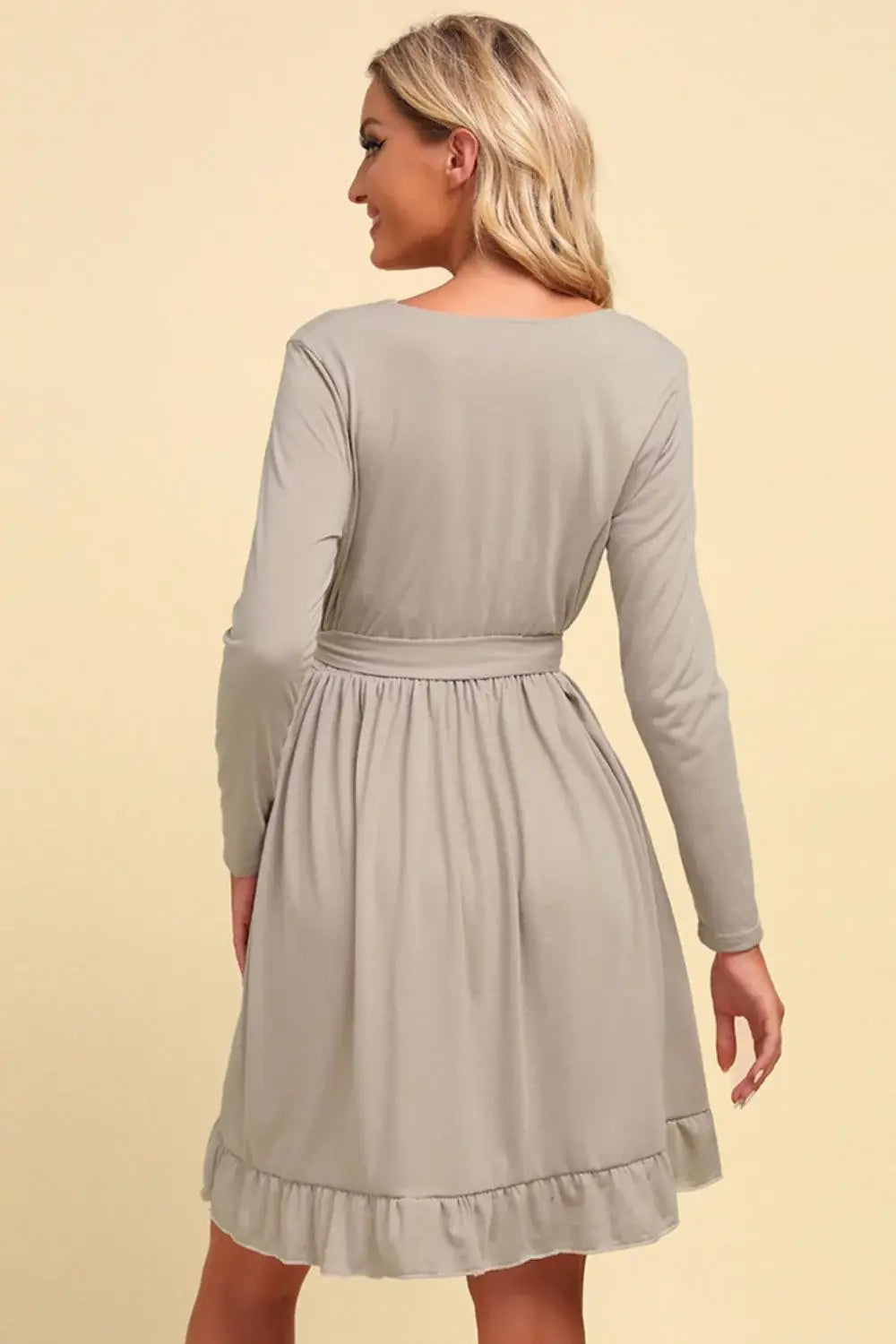 Long Sleeve Tie Waist Ruffle Hem Dress - Trendsi - Flyclothing LLC