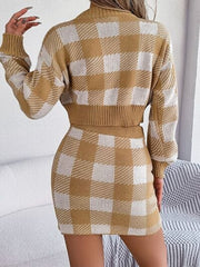 Plaid Round Neck Top and Skirt Sweater Set - Trendsi