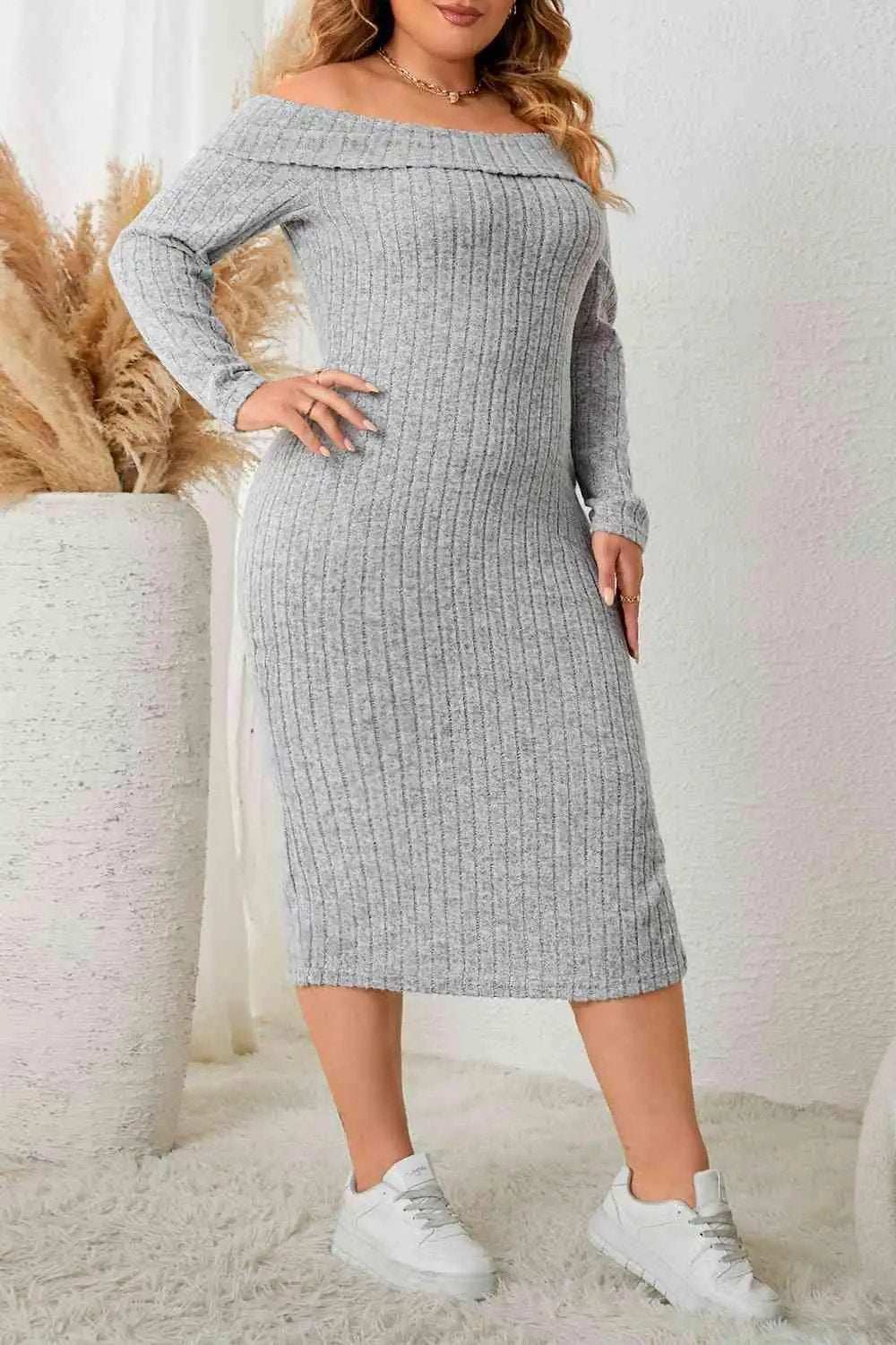 Plus Size Square Neck Long Sleeve Slit Dress - Trendsi - Flyclothing LLC