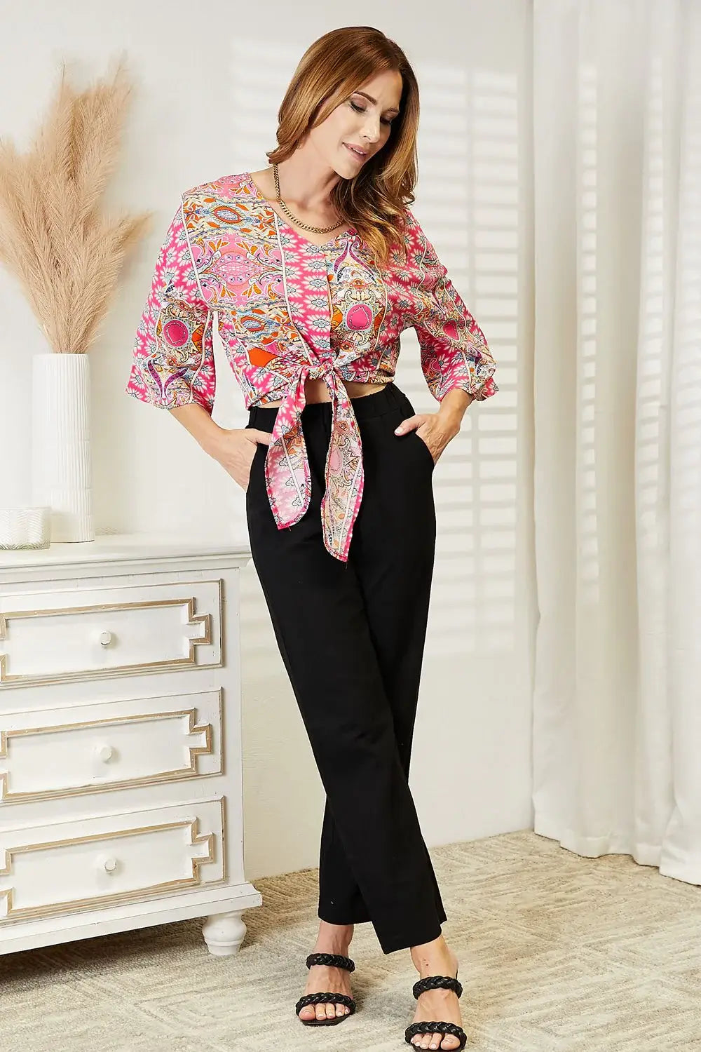 Double Take Tie Hem V-Neck Three-Quarter Sleeve Blouse - Trendsi - Flyclothing LLC