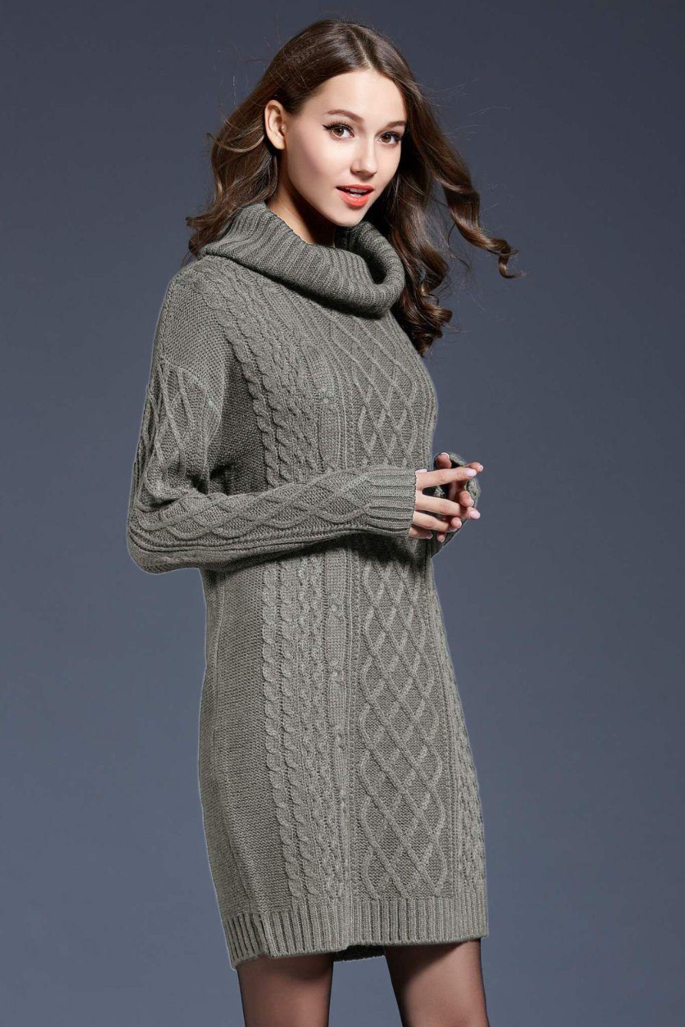 Full Size Mixed Knit Cowl Neck Dropped Shoulder Sweater Dress - Trendsi