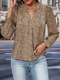 Leopard Notched Neck Puff Sleeve Blouse - Trendsi